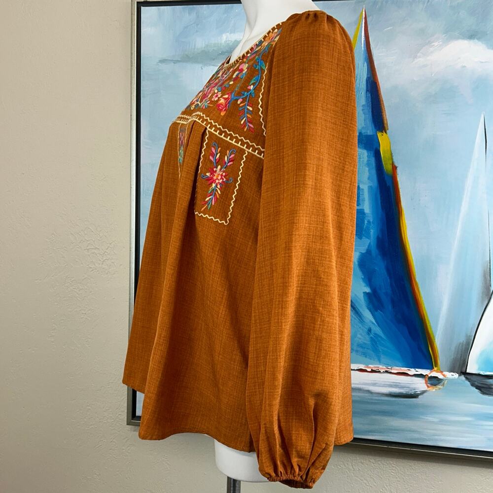Boho Embroidered Peasant Blouse - Rust - Picture 4 of 7